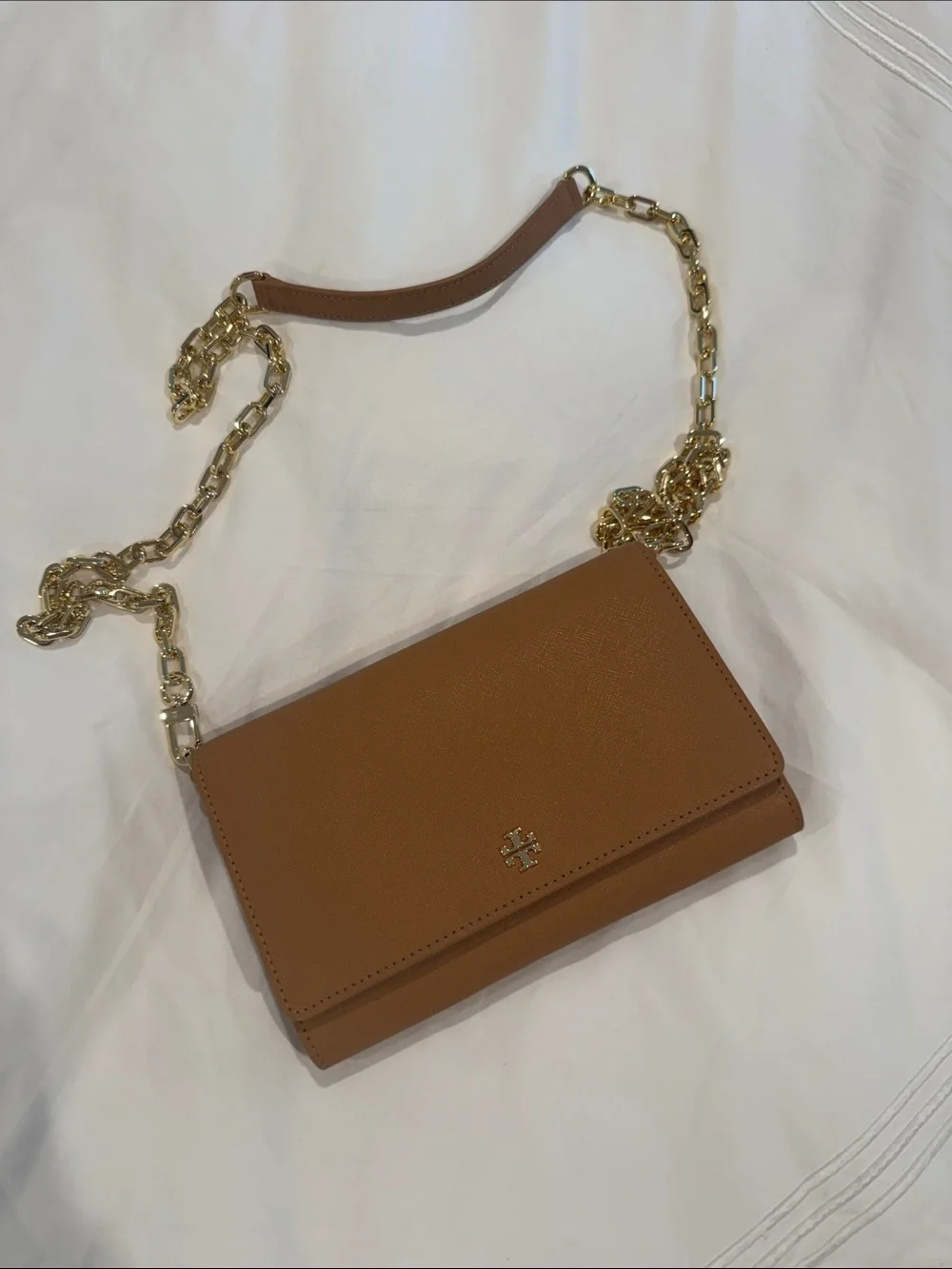 Tory Burch Caramel Leather Fold Wallet with Gold Logo and Gold Leather Strap